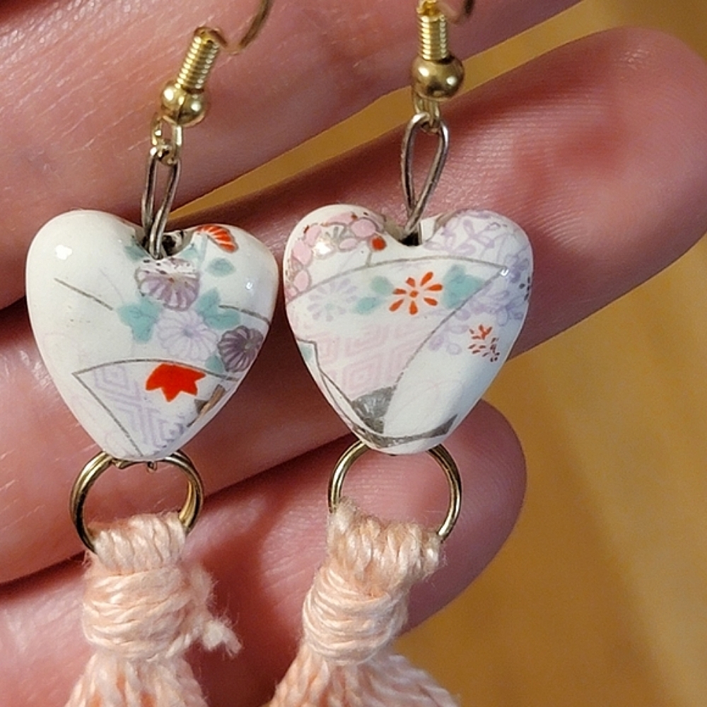 Handmade Tassel Earrings Love Heart Peachy Pink Boho Hippie Chic